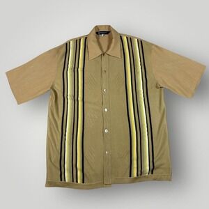 Michael Irvin Shirt Mens Large Tan Vertical Stripe Button Front Knit Retro